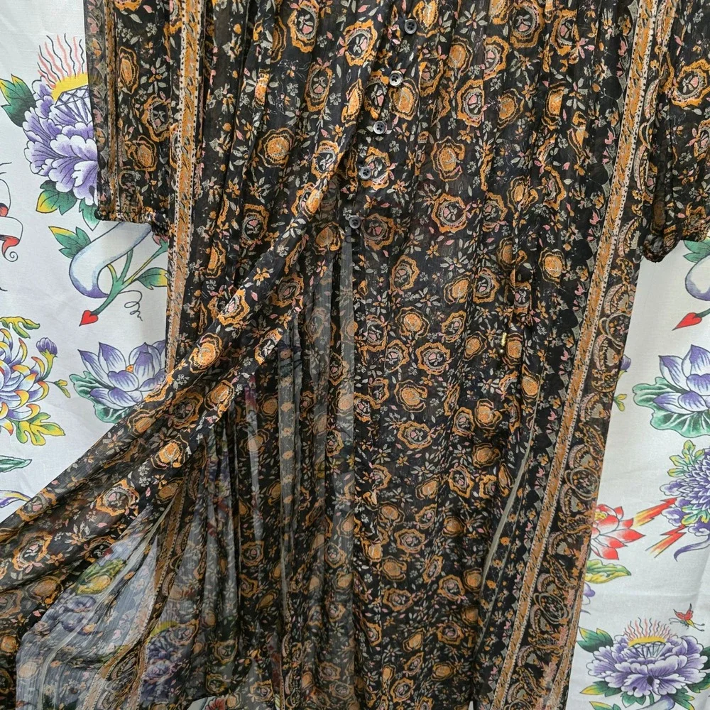 Free People Boho Paisley‎ Floral Sheer Maxi Dress Orange Black Long Sleeve XS